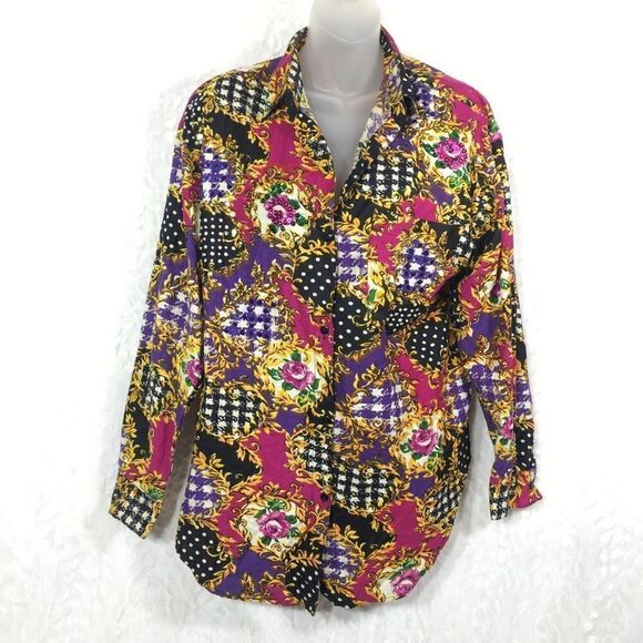 Andrew Sports Studio Women's Vintage Button Up Embellished Floral Sequence Shirt - Picture 2 of 10